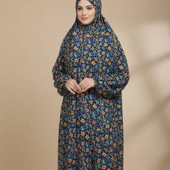 Namaz Chadar With Sleeves - Teal Brown Flowers