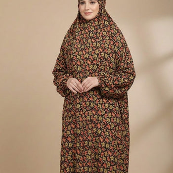 Namaz Chadar With Sleeves - Orange Green Flowers
