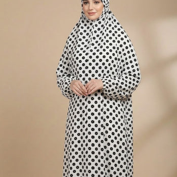 Namaz Chadar With Sleeves - White With Polka Dots
