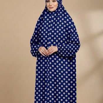 Namaz Chadar With Sleeves - Navy Blue With Polka Dots