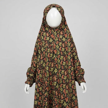Kids Namaz Chadar With Sleeves (Age 6-14 years) - Green Orange Flowers