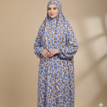 Namaz Chadar With Sleeves - Blue Brown Flowers