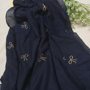 Bow Embroidered Hijabs - Navy Blue