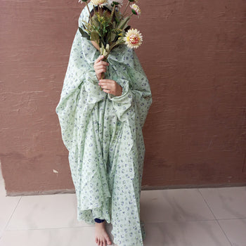 Kids Namaz Chadar With Sleeves (Age 6-11 years) -  Mint Green With Green Flowers