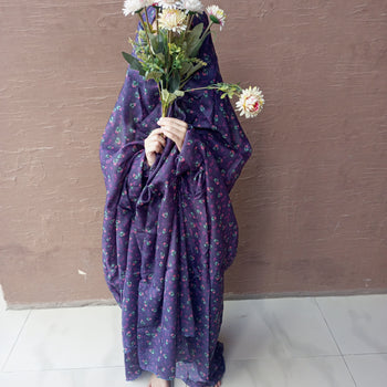 Kids Namaz Chadar With Sleeves (Age 6-11 years) -  Indigo With Pink Flowers