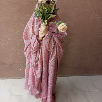 Kids Namaz Chadar With Sleeves (Age 6-11 years) -  Rosewood With Pink Flowers
