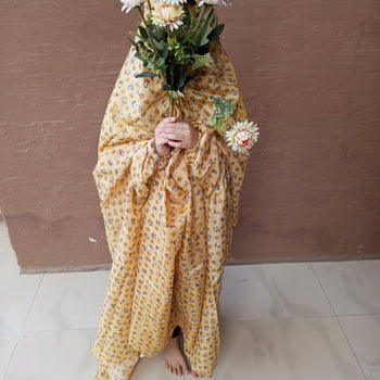 Kids Namaz Chadar With Sleeves (Age 6-11 years) -  Yellowish Beige  With Brown Flowers