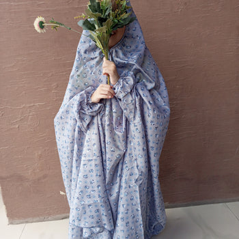 Kids Namaz Chadar With Sleeves (Age 6-11 years) -  Grey With Blue Flowers