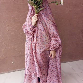 Kids Namaz Chadar With Sleeves (Age 6-11 years) -  Pink With Pink Flowers