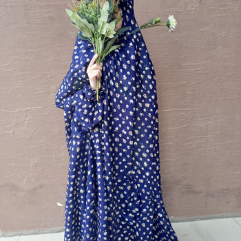 Kids Namaz Chadar With Sleeves (Age 6-11 years) -  Navy Blue With Brown Flowers