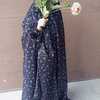 Kids Namaz Chadar With Sleeves (Age 6-11 years) -  Black  With Pink Flowers