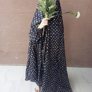 Kids Namaz Chadar With Sleeves (Age 6-11 years) -  Black  With Orange Flowers