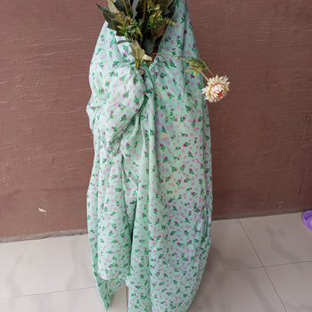 Kids Namaz Chadar With Sleeves (Age 6-11 years) - Mint Green  With Pink Flowers