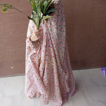 Kids Namaz Chadar With Sleeves (Age 6-11 years) - Beige With Pink Flowers