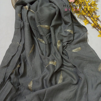 Embroidered Hijab - Dark Grey With Golden Embroidery Feathers