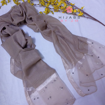 Pearl Studded Hijab - Dark Beige