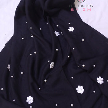 Fancy Hijab - Black With White Flowers