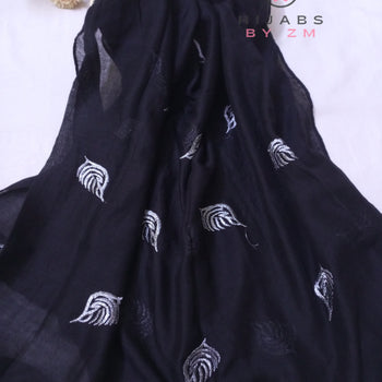 Embroidered Hijab - Black With Silver Embroidery Leaf