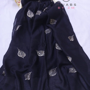 Embroidered Hijab - Black With Golden Embroidery Leaf