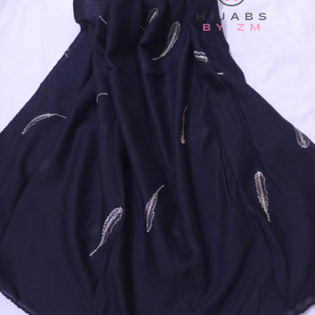 Embroidered Hijab - Black With Golden Embroidery Feathers