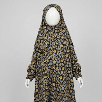 Kids Namaz Chadar With Sleeves (Age 6-14 years) - Yellow Blue Flowers