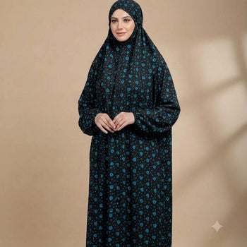 Namaz Chadar With Sleeves -  Black With Teal Flowers