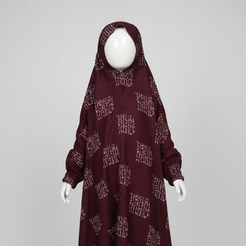 Kids Namaz Chadar With Sleeves (Age 6-14 years) - Maroon  With White Pattern
