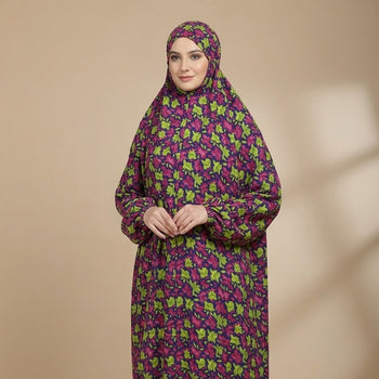 Namaz Chadar With Sleeves - Green Red Flowers