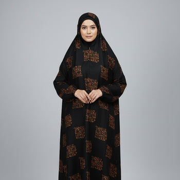 Namaz Chadar With Sleeves - Black with Orange Pattern (Extra Large)