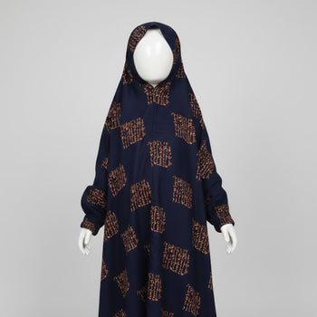 Kids Namaz Chadar With Sleeves (Age 6-14 years) - Blue With Orange Pattern